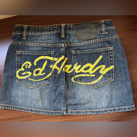 Ed Hardy Dresses & Skirts - Ed Hardy Blue Denim Mini Skirt with Yellow Logo